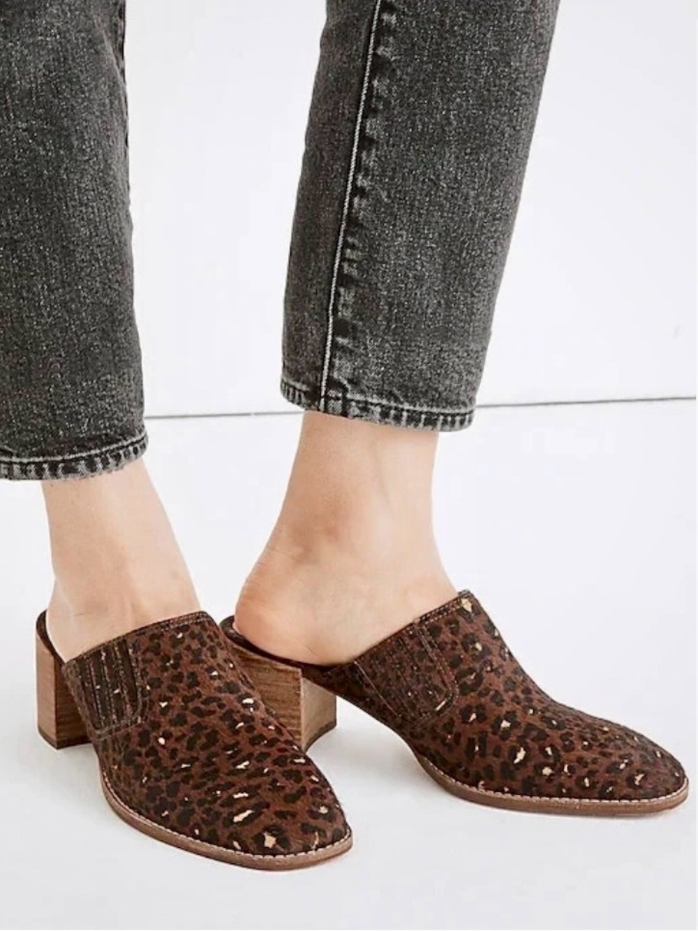 MADEWELL Women's Brown Leopard Print Slip-On Block Heel Mules CALF HAIR, size9